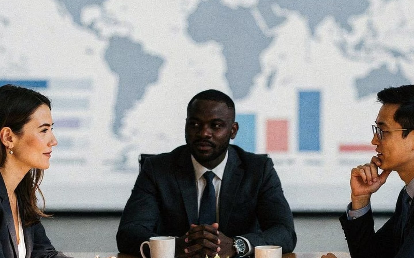 Business leaders reviewing market strategy and location data