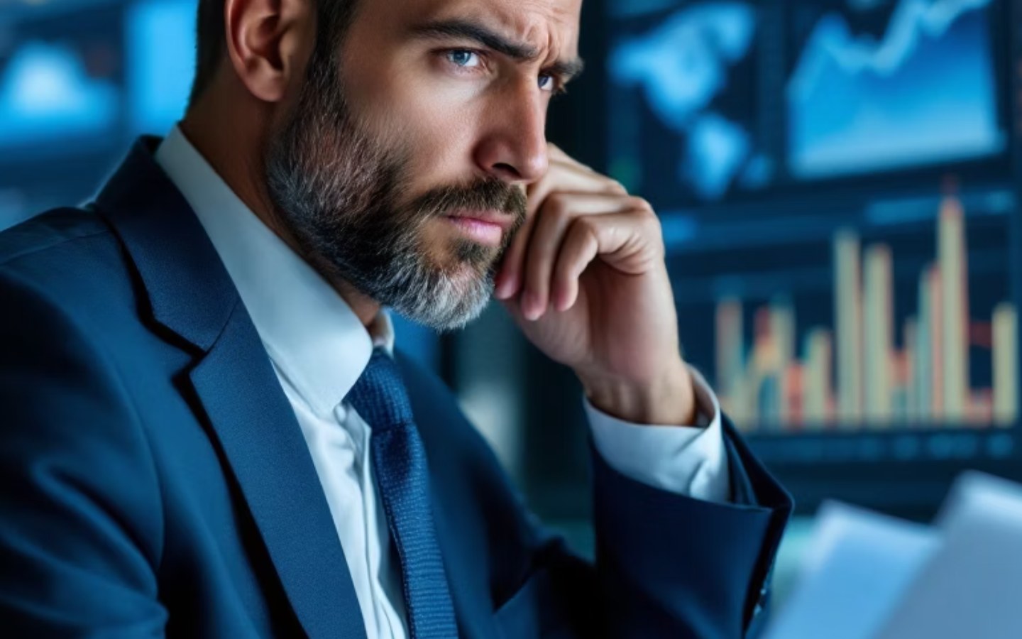 Executive reviewing analytic dashboards and market risk